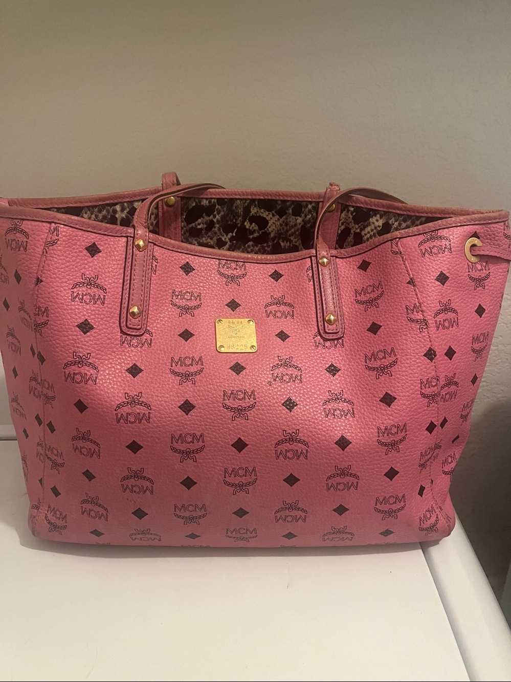 Vintage MCM Pink Visetos Logo Tote with Gold Plaque